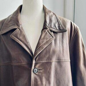 Oakwood Saddle Brown Leather Notched-Collar Men's Coat with Button Front – US L
